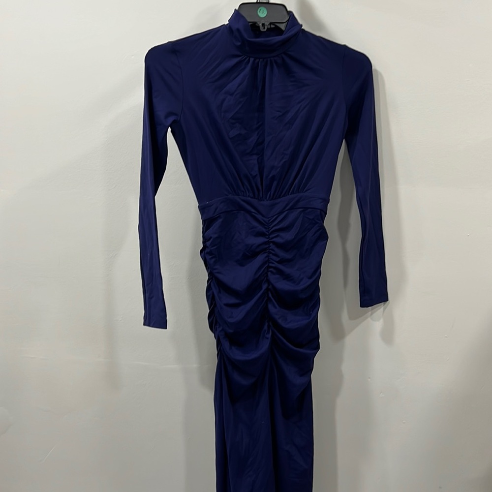 SUSANA MONACO  Ruched Long Sleeve Mock Neck Midi Dress royal blue